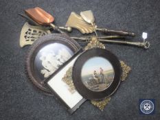A quantity of fire companion items, framed pictures, antique picture behind glass etc.