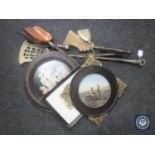 A quantity of fire companion items, framed pictures, antique picture behind glass etc.