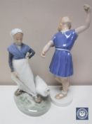 Two Royal Copenhagen figures depicting a girl with a goose and a girl dancing,