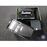 A crate containing Canon printer, Sky box, PC tower,