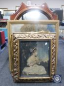 A pine framed mirror together with tapestry, print depicting a lady etc.