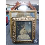 A pine framed mirror together with tapestry, print depicting a lady etc.