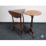 An antique mahogany flap sided occasional table together with a mahogany pedestal wine table