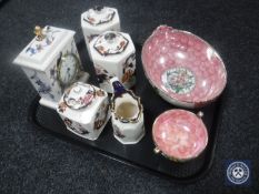 A tray of Masons Mandalay china canisters, mantel clock,