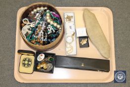 A tray of costume jewellery, cultured pearls,