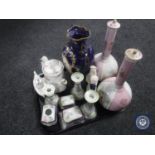 A tray of continental antique and later English china, dressing table pots, miniature cruet,