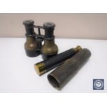 A pair of French field binoculars together with a brass three-drawer miniature pocket telescope