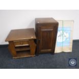 An oak pot cupboard together with an oak magazine table fitted with a drawer and a boxed director's