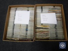 Two boxes containing singles to include Oasis, Elvis, The Beatles,