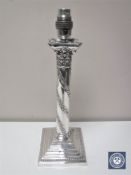 A late nineteenth century silver plated Corinthian column table lamp base