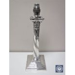 A late nineteenth century silver plated Corinthian column table lamp base