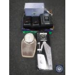 A box of Mira power shower, corner shelf stand, bathroom scales, JVC hifi etc.