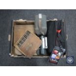 A box of engravers numbers and tools, letters, Hilga and Watts surveyors scope, car protection kit.