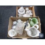 Two boxes of china, Japanese tea ware, kitchen items, glass bowl,