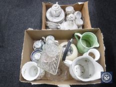 Two boxes of china, Japanese tea ware, kitchen items, glass bowl,