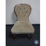 A Victorian mahogany framed bedroom chair upholstered in buttoned dralon