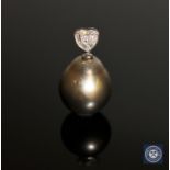An 18ct white gold pearl and diamond pendant, the drop-shaped grey/green Tahitian pearl,
