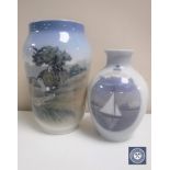 Two Royal Copenhagen vases depicting a rural landscape and a yacht,