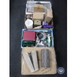 Four boxes of kitchen ware, electricals, tins etc.