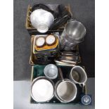 Three boxes of kitchen equipment, stainless steel,