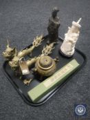 A pair of Chinese brass dragon figures, brass censer,
