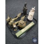 A pair of Chinese brass dragon figures, brass censer,