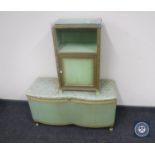 A green loom glass topped bedside cabinet and blanket box together with a mid 20th century magazine