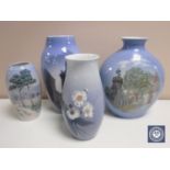 Four Bing & Grondahl vases depicting landscapes,