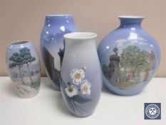 Four Bing & Grondahl vases depicting landscapes,