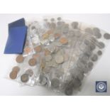 A box of coins, Britains decimal coin set, plastic files containing coins, two shilling pieces,