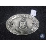 A brass safe plaque 'The Birmingham Safe Co.