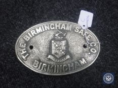 A brass safe plaque 'The Birmingham Safe Co.
