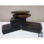 Three Victorian treen boxes together with two cigarette cases
