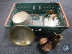 A box of crystal cruet set, brass bowl, brass framed mirror etc.