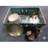 A box of crystal cruet set, brass bowl, brass framed mirror etc.