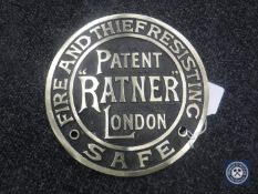 A brass safe plaque 'Ratner Patent,