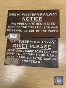 Two metal railway signs : "GREAT WESTERN RAILWAY NOTICE - THE PUBLIC ARE REQUESTED TO KEEP THE