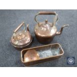 Two antique copper kettles together with a copper trough and dish.