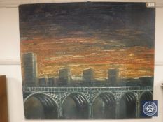 Donald James White : Byker Bridge, oil on panel, signed verso and dated '01, 93 cm x 82 cm,