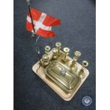 A tray of brass candlesticks, brass lidded pot,