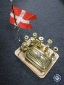 A tray of brass candlesticks, brass lidded pot,