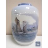 A Royal Copenhagen vase depicting boats in a harbour,