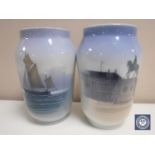 Two Royal Copenhagen vases depicting a sailing boat and a town hall,