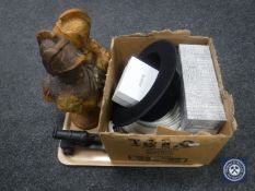 A box of small bowler hat, shirt collars, pair of wax figures etc.