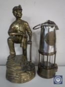 A brass and chrome Eccles Protector miner's lamp type 6 together with a brass figure of a miner