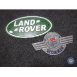 Two cast metal plaques - Land Rover and Morris