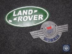 Two cast metal plaques - Land Rover and Morris