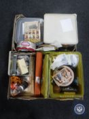 Three boxes of lace, fabric, knitting needles, buttons, patterns etc.