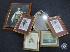 An ornate gilt framed chalk mirror together with six assorted framed prints