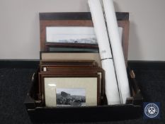 A box of black and white framed photographs, local pictures, framed prints, rolled maps etc.